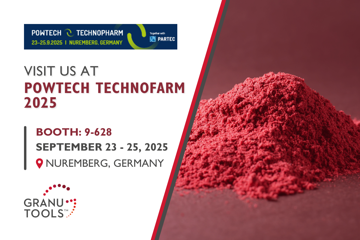 banner of Granutools to share that Granutools will attend POWTECH TECHNOPHARM from September 23 to 25 in Nuremberg, Germany